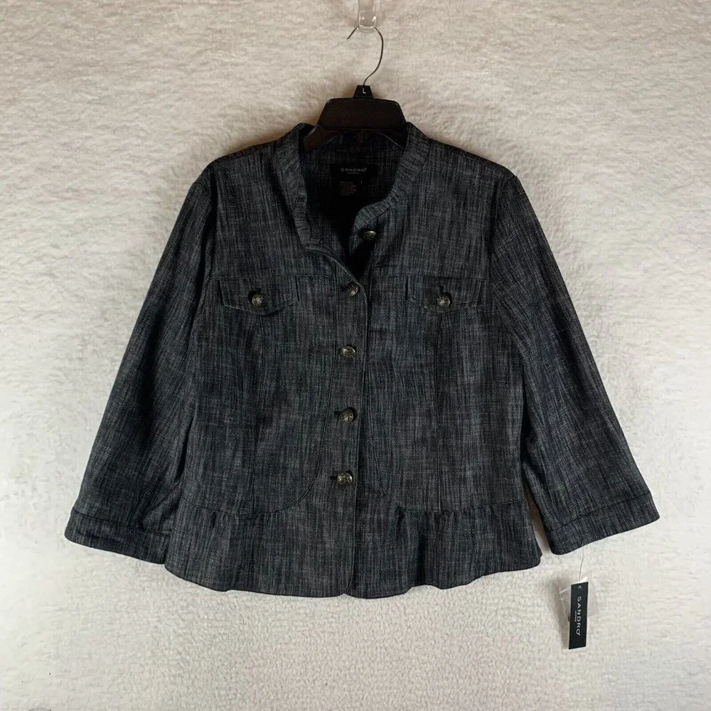 Sandro Blazer Women's Large Black Stretch Peplum Hem Button Front NWT 8585 - Picture 1 of 7